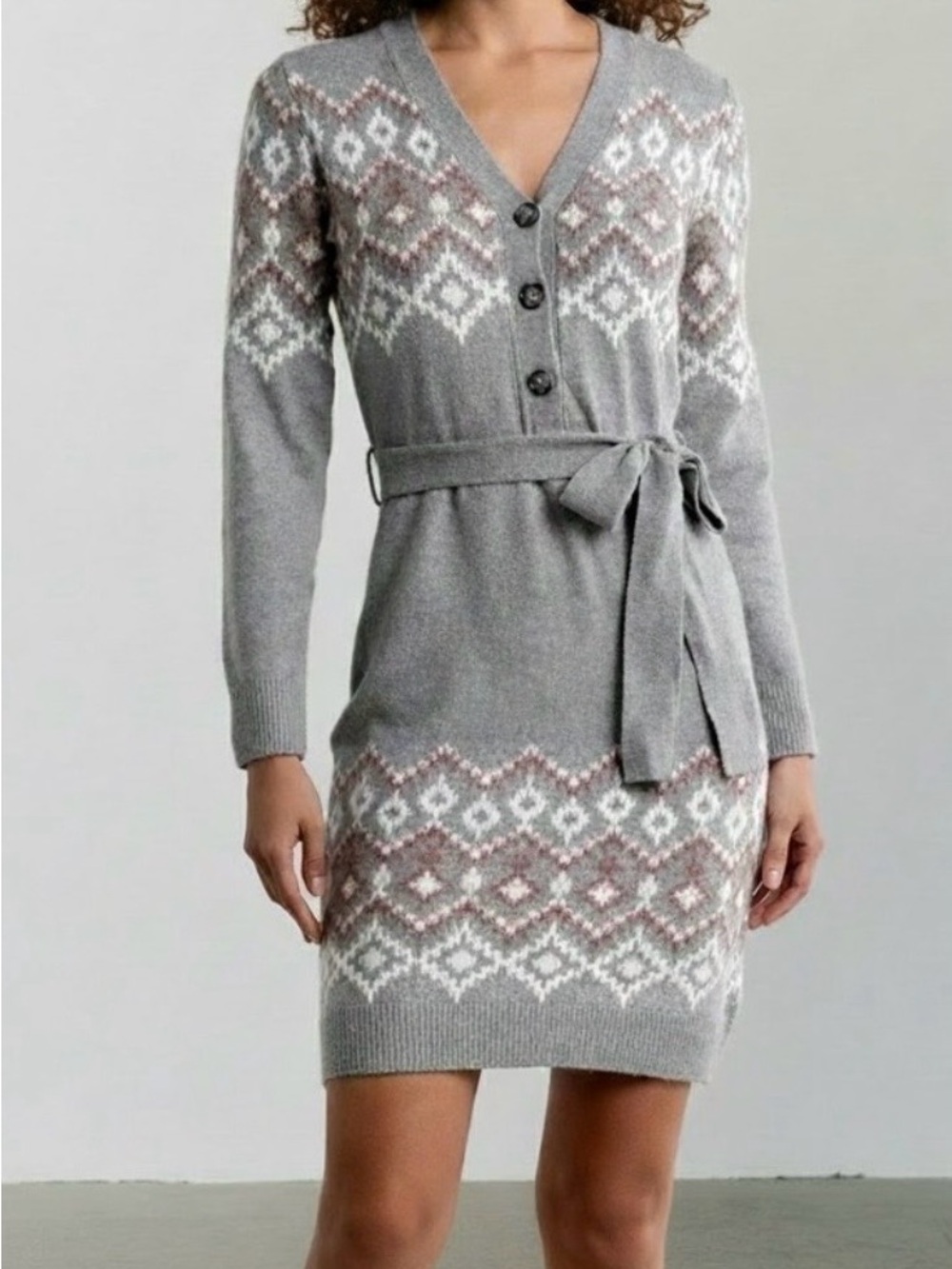 NWT Lucky Brand Womens Grey Fair
Isle Knit Button Front Belted
Cardigan Dress 2X